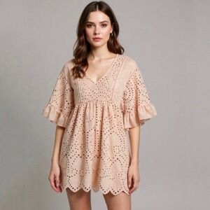 Akemi + Kin Anthropologie Eyelet Dress Women's Pink V Neck Babydoll Mini Dress